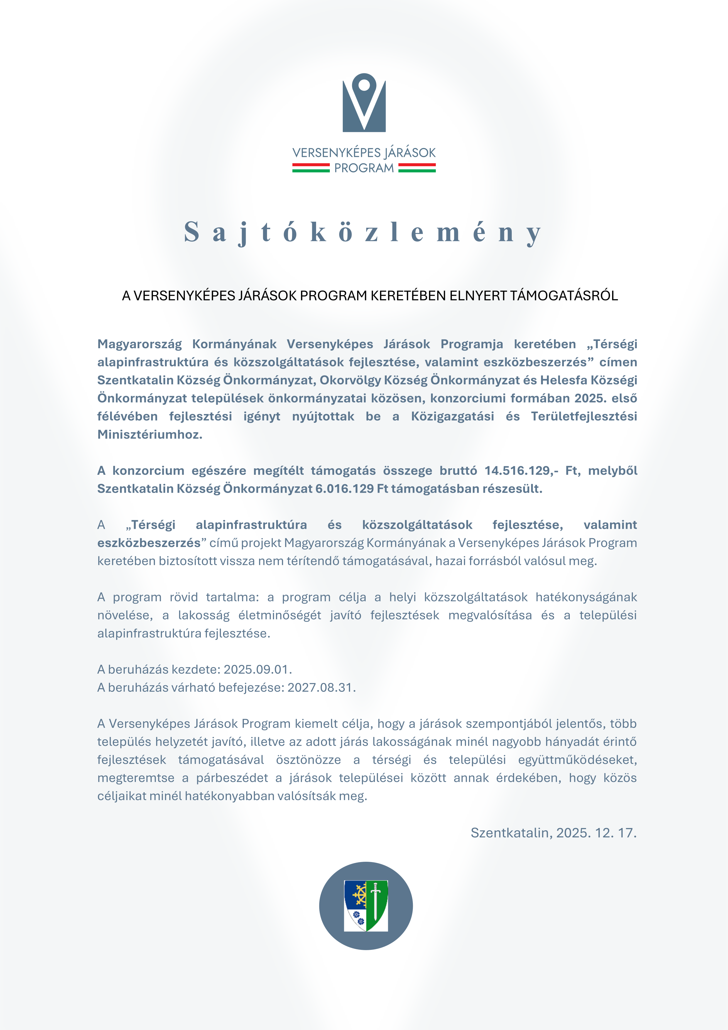 Sajtóközlemény Okorvölgy Alapinfrastruktúra Eszközbeszerzés